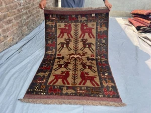 3x4'6 ft Vintage Afghan Hand Knotted Pictorial Rug – Animal & Bird Design Rug - Picture 1 of 11