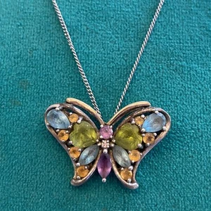 VTG Sterling Silver/14KT Multi Color Stone Butterfly Pendant 18” SS Chain Signed - Picture 1 of 11
