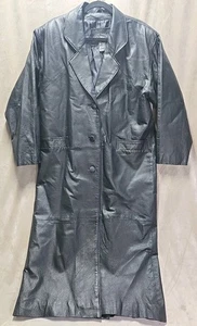 Vintage 90s Women Comint Black Leather Longline Trench Coat Medium Oversized - Picture 1 of 9