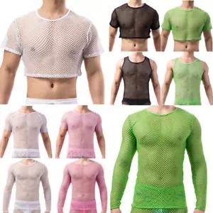 Mens Mesh Fishnet Hollow Out Undershirts T-shirts Vests Crop Tops Gym Muscle New - Picture 1 of 22
