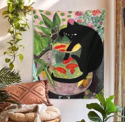 Black Cat Tapestry Wall Art Goldfish Koi Fish Bowl Fishes Feng Shui Zen Kitten - Image 1 of 3
