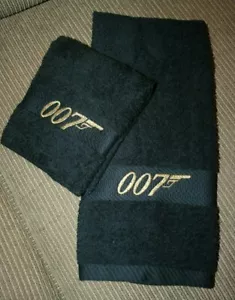 007-Bond Inspired Black 1 Hand Towel & 1 washcloth wgold look thread embroidered - Picture 1 of 1