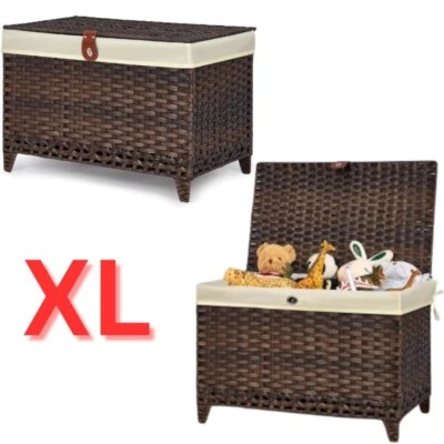 Baú de vime grande caixa porta-malas cesta de armazenamento vintage organizador piso com tampa - Imagem 1 de 4