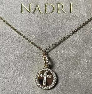 NIB NADRI CZ Crystal Pave Gold Tone Circle PENDANT Necklace CROSS Adjustable - Picture 1 of 5