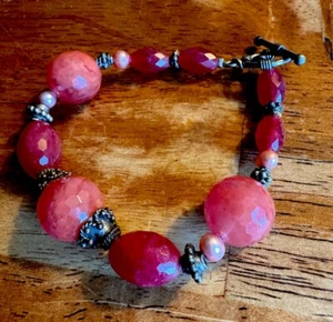 Sterling Silver Round Pink Ruby Quartz Statement Bracelet 8.5” - Picture 1 of 6