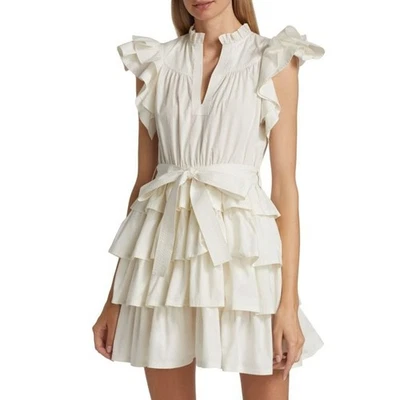 Ulla Johnson in Bone White Flutter Sleeve Split Neck Lulua Mini Dress Womens 2 - Image 1 of 4