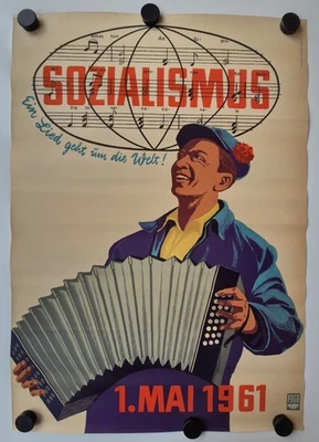 Plakat 1. Mai Internationale Akkordeon Arbeiter FDGB Ruwe 1961 Original DDR A1 - Bild 1 von 4
