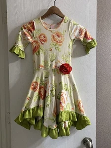 Giggle Moon Girls Half Sleeve Green Orange Flower Twirl Ruffle Dress Sz 6x - Picture 1 of 5