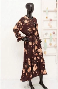 JOHANNA ORTIZ H&M COLLABORATION BROWN FLORAL FLOUNCED RUFFLE MIDI DRESS SZ XL - Picture 1 of 8