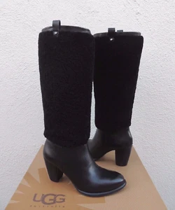 UGG BLACK TALL AVA EXPOSED FUR LEATHER HIGH HEEL BOOTS, WOMEN US 8/ EUR 39 ~ NIB - Picture 1 of 8