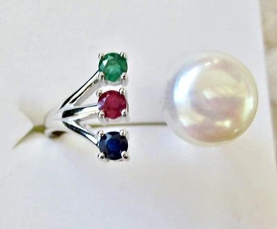 Freshwater Pearl, Emerald, Ruby & Sapphire Ring / size 6.25 /925 Sterling Silver - Image 1 of 4