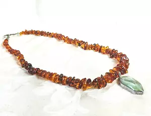 Graduated Polished Amber Necklace with a Large Agate Pendant Sterling - Picture 1 of 10