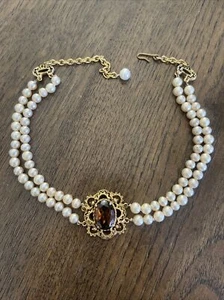 Florenza Signed Amber Jewel Pearl Chocker Necklace - Picture 1 of 3