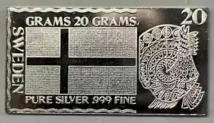 20 Grams .999 Fine Silver Bar - World Flags - SWEDEN 1973 The Silver Mint - Picture 1 of 4