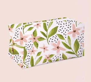 Make Up/ Toiletries Bag, Square, Pink & Green Floral on White, Zip Open - Picture 1 of 4
