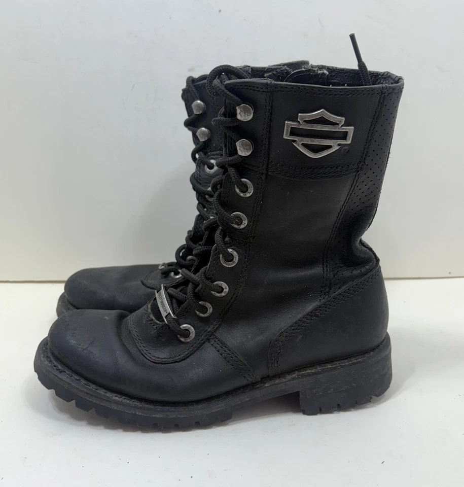 Botas de montar Harley Davidson de cuero negras con cordones y cremallera lateral para mujer talla 7 Foto 1 de 4