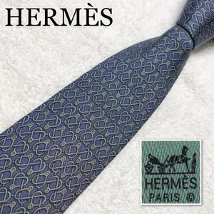 HERMES necktie metal fittings all over pattern 100% silk made in France navy - Picture 1 of 10