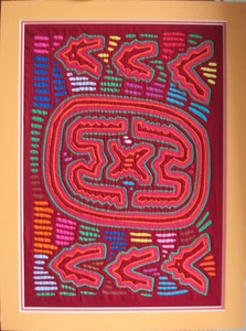 Mola Fabric Art Red & Multicolor Handmade Yellow-ish Matting 21.5" x 16" CLEAN - Picture 1 of 5