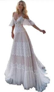 Saroyan Women's Wedding Dresses Chic Lace V Neck Ruffle Sleeves - Picture 1 of 8