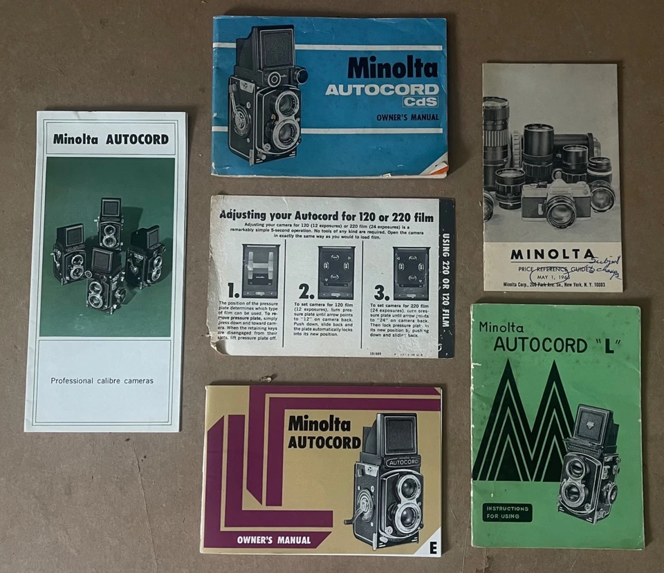 批量 5 件 复古 美能达 AUTOCORD 双镜头相机 所有者 手册 手册 正品证书 — 第 1/4 张图片