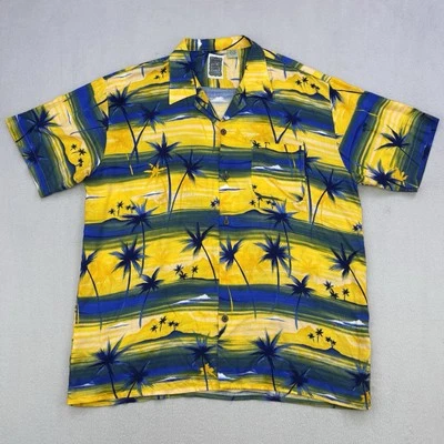 Ocean Current 衬衫男式大号黄色蓝色夏威夷营地人造丝热带棕榈树 — 第 1/4 张图片