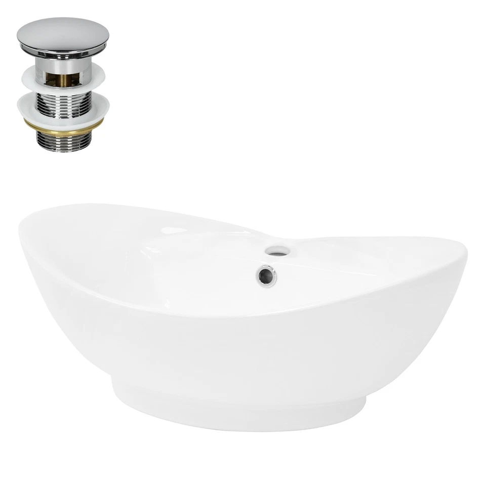 LUXEBATH Keramik Waschbecken mit Ablaufgarnitur Aufsatzwaschbecken Weiß 590x395x205 mm