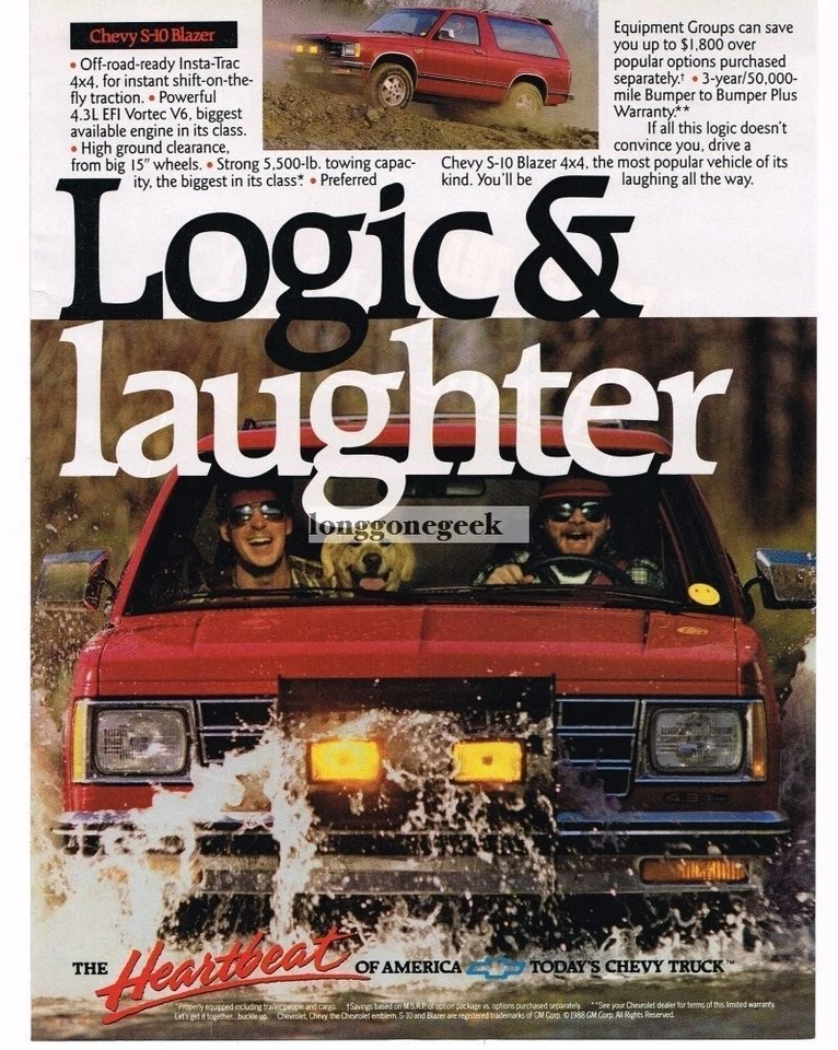 Chevrolet Chevy 1989 rojo S-10 Blazer riendo hombres y perros anuncio de colección  Foto 1 de 1