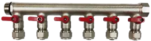 1" Brass Ball Valve Manifold for 1/2" PEX tubing with 6 port - Red - Picture 1 of 7