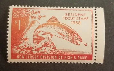 1958 NEW JERSEY $1 Trout Stamp MNH OG Mint Unused Fish Z-484 - Image 1 of 2
