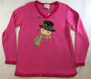 Quacker Factory Womens Sweater Sz L Pink Snowman Beaded Sequins Long Sleeve NWT - Picture 1 of 15