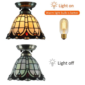 Vintage Tiffany Style Stained Glass Drum Shade Flush Mount Ceiling Light Fixture - Picture 1 of 12