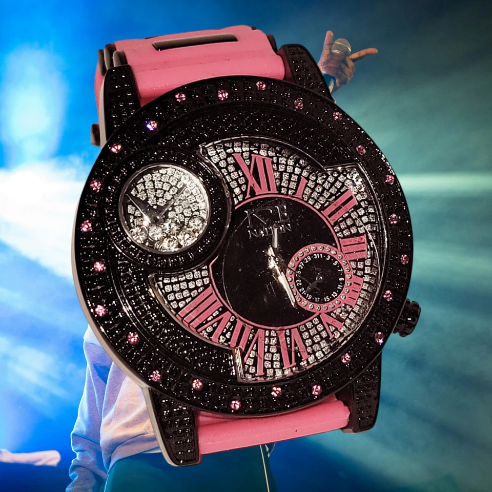 Women's Pink & Black Big Face CZ Pink watch ice out watch w/Floating stones - Image 1 of 4