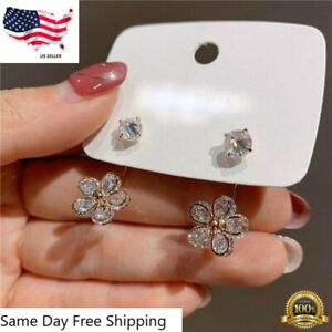 925 Silver Flower Zircon Crystal Earrings Ear Stud Drop Women Jewelry Xmas Gift