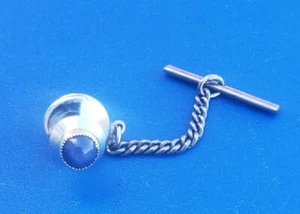 Vintage Solid Gold 14K White Gold Tie Tack with Blue Stone - Picture 1 of 4