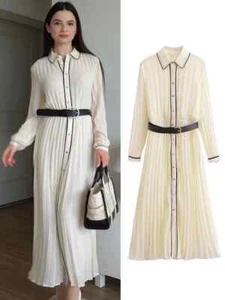 Mujeres Manga Larga Plisado Vestido Solapa Blusa Vestidos Largos Vestido Con Cinturón 2025 - Imagen 1 de 19