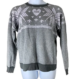 Pink Sweatshirt Size Medium Heathered Gray White Holiday Print Long Sleeved - Picture 1 of 5