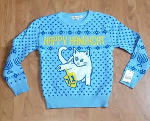 Mad Engine Happy Hanukcat Kids Medium Sweater youth size light blue - Picture 1 of 3