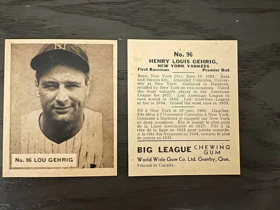 Lou Gehrig World Gum 1936 reimpresión Canadá - envío gratuito Foto 1 de 1