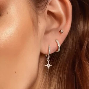Dainty Silver 3 Earrings Set (Stud Hoop Dangling Star Charm) Women's Accessories - Picture 1 of 4