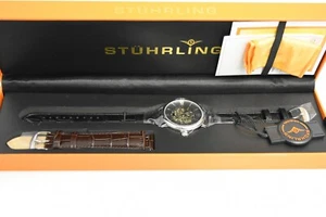 Nuevo Stuhrling Cuero Negro Set Automático Ver A través del Esqueleto 458G2.33151 Juego de Reloj - Imagen 1 de 4