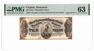 1868 10c Ten Cent First National Oyster Bank Remainder Note Monaskon VA PMG 63 - Image 1 of 2