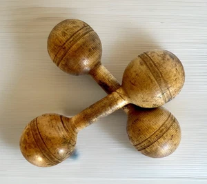 Pair of Antique Wooden Barbells Exercise Equipment, 9-1/2" Long - Picture 1 of 10