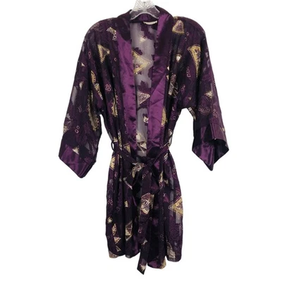 Vtg 80s California Dynasty Kimono Robe Medium Sheer Lace Purple Gold Sash - Image 1 of 4