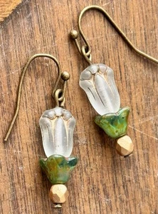Bronze with Etched White Rose Bud Tulip and Green Glass Leaf Bead Earrings. - Picture 1 of 3