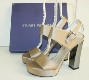 $498 NEW Stuart Weitzman Beige PARTISAN Satin Block Mirror Heel Sandals - Picture 1 of 10