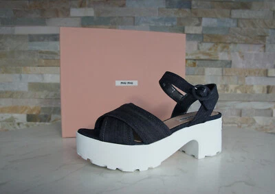Miu Talla 41 Sandalias con Plataforma Wedges Zapatos Azul Denim Nuevo Antiguo - Imagen 1 de 4