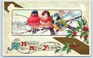 CARTOLINA Un Felice Anno Nuovo Tre Uccellini in un Albero Agrifoglio Scena Invernale in rilievo - Foto 1 di 2