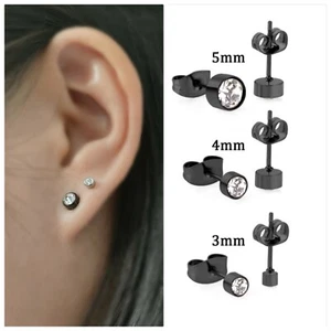 Stainless Steel Round CZ Black Silver Stud Earrings Men Women *UK* - Picture 1 of 5