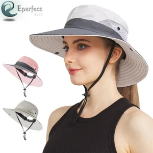 Womens Summer Wide Brim Sun Bucket Hat Ponytail Hole UV Protection for Outdoor - Picture 1 of 9