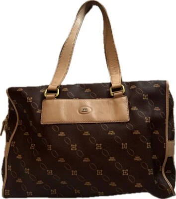 Bolso Cartera Vintage THE BRIDGE Deletrear AOP Cuero Genuino y Tela Marrón RARO Foto 1 de 4